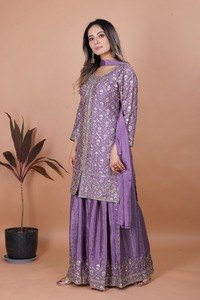 Elegant Chinon Silk Shimmer <b>Sequin</b> Tunic Multi <b>Flare</b> Palazzo Pants Heavy Scarf Pack Girls Three Piece Boutique Suit - Product Image 4