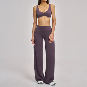 Purple 2 Piece Yoga Set High Waist Wide Leg Pants Racerback <b>Crop</b> <b>Top</b> Seamless Breathable Solid Color Activewear - Product Image 3