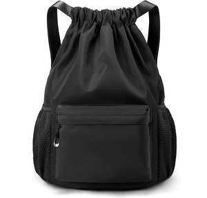 Black <b>Drawstring</b> <b>Backpack</b> With Front Zip Pocket And Mesh Side Pockets Adjustable Strap Lightweight Gym Bag Unisex Casual Style - Product Image 1
