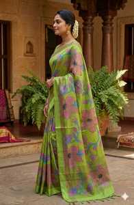 Sari de Seda Verde con Estampado Digital y Diseño Floral para Mujer, Ropa Tradicional para Bodas, Estilo India-Pakistán - Product Image 2