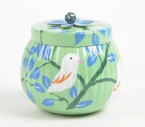 Hand Painted Perched Bird & Floral Iron Canister Manufacturer Wholesaler