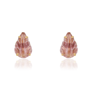 Boucles d'oreilles simples en forme de feuille de tourmaline rose, sculptées à la main, en or jaune véritable K14, pour femmes, bijoux à porter au quotidien - Product Image 1