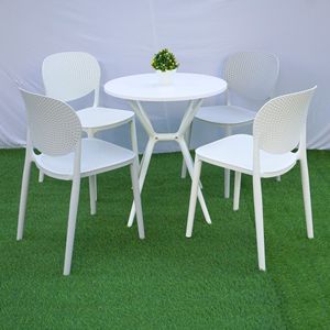 Mesa de Bistró Redonda Blanca con Patas Cruzadas Estilo Rústico MN02 |   Mesa de Café de Plástico Resistente al Agua para Exteriores con Estructura Metálica - Product Image 2