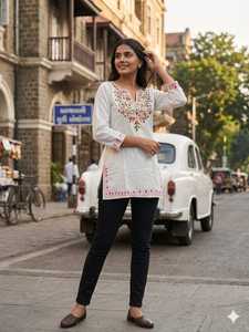 <b>Indian</b> Trendy Blue Embroidered Cotton TunicWith White Pants Traditional <b>Indian</b> Casual Wear Regular Fit All Seasons Style <b>Top</b> - Product Image 3