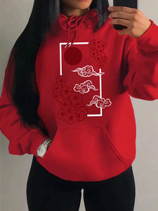 Sudaderas con Capucha para Mujer, Nueva Calidad, Estilo Harajuku Japonés, Estampado de Flores de Cerezo al Atardecer, Sudadera Holgada con Bolsillos para Otoño, Ropa Casual - Product Image 3