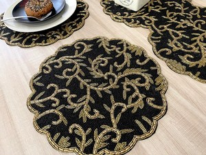 Handmade <b>Beaded</b> <b>Placemat</b>: Black & Gold Table Decor (14 inch) - Product Image 1