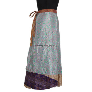 2-Layer Reversible Magic Silk Saris <b>Wrap</b> 38\" Bohemian Style Long <b>Skirt</b> for Women Plus Size Double <b>Wrap</b> - Product Image 5