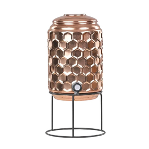 Distributeur d'eau artisanal en cuivre pur avec motif Meena design, capacité 5L, réservoir d'eau ayurvédique avec support en fer et robinet en laiton - Product Image 3