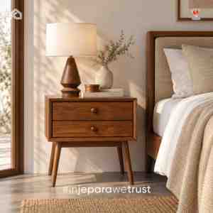 Mesa de Noche Moderna de Madera de Teca Sólida Estilo Mediados de Siglo, Acabado en Nogal, con 2 Cajones, para Dormitorio, Hotel o Villa - Product Image 1