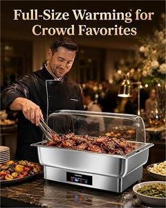 Calentadores de Buffet, Bandejas de Servicio para Fiestas y Hostelería, Recipiente para Calentar Comida de Acero Inoxidable con Tapa Enrollable - Product Image 1