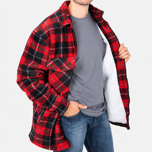 Wholesale New Custom Denim <b>Mens</b> Red Black Plaid Sherpa Lined Winter <b>Jacket</b> Zip Front Casual <b>Warm</b> Flannel Dyed Breathable Custom - Product Image 1