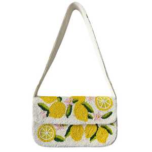 Sac à bandoulière perlé citron, Sac à main artisanal aux motifs agrumes, Pochette d'été tropicale, Sac à main perlé jaune, Cadeau pour elle, Sac brunch - Product Image 1