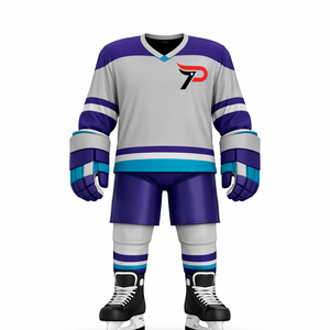 Men's <b>Ice</b> Hockey Jersey Set Full Sleeve V-Neck Striped Purple White Blue Sublimated Moisture Wicking Polyester Winter Apparel - Product Image 1