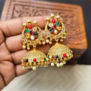 Navrathna 18K Gold Plated Brass Jhumka Drop Earrings with Pearl and Zircon - Product Image 1