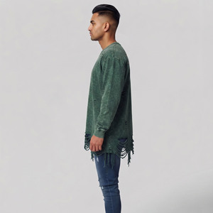 T-shirt Homme Manches Longues Effet Vieilli Coton Lourd Lavé Col Rond Coupe Ample Décontractée Streetwear Grunge - Product Image 2