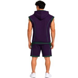 Mens Dark Purple Dark Green <b>Sleeveless</b> Hooded Tracksuit Set Custom Logo Gym Fitness Training Sports <b>Hoodie</b> And Shorts Activewear - Product Image 2