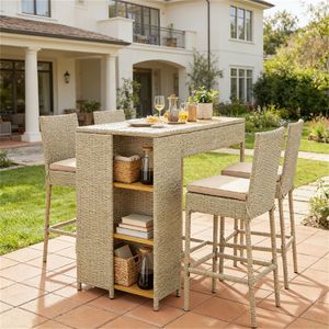 Ensemble de meubles de patio pour bar extérieur marron 5 pièces comprenant des tables et des chaises - Product Image 1