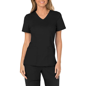 Haut de blouse unisexe à col en V, manches courtes, noir, uniforme d'hôpital, tissu tricoté Spandex/Polyester, détection des aiguilles, fusion sans couture - Product Image 1