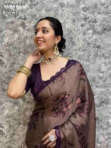 Beautiful Modern Design Georgette <b>Satin</b> with Floral Digital Print-Sequence Border Saree-<b>Blouse</b> Set Supplier from India - Product Image 3