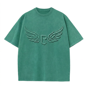 Camiseta Verde Oversize de Manga Corta con Logotipo R Alado en Relieve, Top Casual de Punto con Cuello Redondo para Hombre - Product Image 1