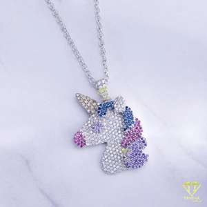 Unicorn pendant Multicolor mosaanite stones pendant jewelry Iced out unicorn necklace <b>Kids</b> unicorn jewelry - Product Image 2