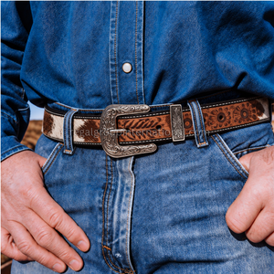 Western Cowboy Genuine Leather <b>Belt</b> with Brown Floral Hand Tooled Design, Brown White Hair On Cowhide, Engraved <b>Silver</b> <b>Buckle</b>, - Product Image 4