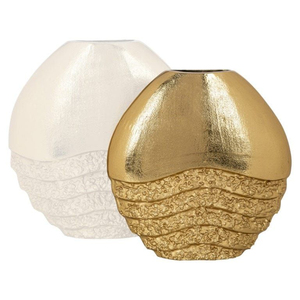 Vase de table moderne en métal avec design ondulé texturé, vase décoratif fait main pour la maison, salon, finition or et blanc - Product Image 1