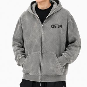 Sweat à capuche zippé gris surdimensionné pour homme, 100 % coton, style streetwear, lavage délavé, personnalisable, vente en gros - Product Image 2
