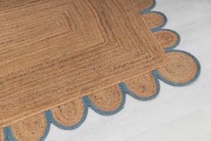 Coastal Braided Jute Area <b>Rug</b> Rectangle Scalloped Edge Non-Slip <b>Flat</b> Weave Hallway <b>Rug</b> Natural Blue Trim - Product Image 2