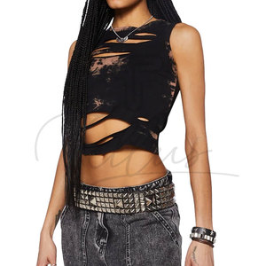 Women's Summer Logo 100% Cotton Stretchable <b>Distressed</b> Crop <b>Top</b> Breathable Eco-Friendly Quick Dry - Product Image 3