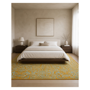 Tapis d'appoint personnalisé en laine écologique, antidérapant, tufté à la main, motif floral or jaune moutarde et bleu, pour hôtel, villa, salon - Product Image 4