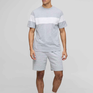 Men's Gray Color Blocking Crew Neck T-Shirt <b>Set</b> Casual Summer <b>Knitted</b> Shorts Breathable 2-Piece Outfit - Product Image 5