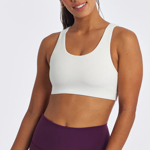 Sujetador deportivo sin costuras para mujer, blanco, con espalda cruzada, cuello redondo, de alto soporte, para yoga y ropa deportiva, de elastano y poliéster, ecológico, de secado rápido, con cierre frontal. - Product Image 1