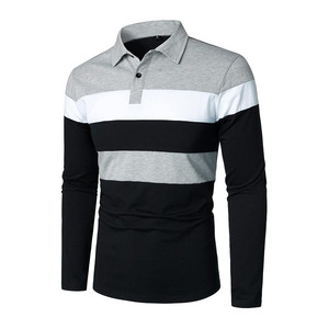 เสื้อเชิ้ตแขนยาวผู้ชายแฟชั่นเสื้อโปโลลายทางสีบล็อก - Product Image 1