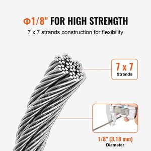 Kit Cavo in Acciaio Inossidabile 316 da 1/8'' x 31,4 m (100 ft) con 20 Guaine, 10 Puntali, Resistenza alla Rottura 1600 Libbre, e Clip per Fune Metallica 7x7 - Product Image 3