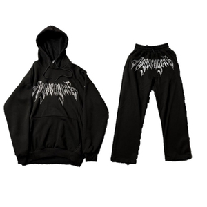 Conjunto de Sudadera con Capucha y Pantalones Deportivos Negros para Hombre, Estilo Urbano, Algodón, Manga Larga, Corte Holgado, Cierre con Cordón, Decoración con Pedrería - Product Image 2