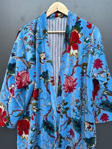 Robe longue à manches longues à imprimé floral, peignoir en tissu doux pour femmes, vêtements de nuit décontractés, style velours bleu - Product Image 2