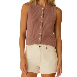 Débardeur Femme Tricoté Côtelé avec Détail Boutons, Col Montant, Ourlet Peplum, Coupe Ajustée - Product Image 3