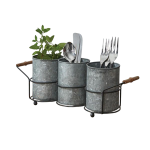 Porte-ustensiles portable en métal galvanisé à 3 compartiments avec poignée pour l'organisation des couverts sur la table de cuisine et de restaurant - Product Image 2