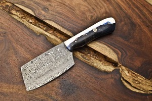 Cuchillo de chef de acero de Damasco, hoja recta, forjado a mano, con mango blanco y negro - Product Image 5