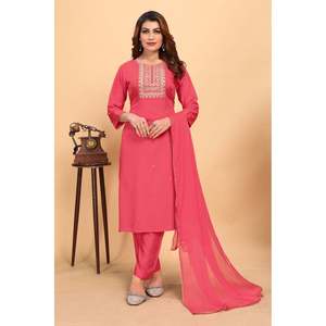 PANTALÓN SUPERIOR DE TRABAJO BORDADO DE CODIFICACIÓN DE RAYÓN FANCY CON DUPATTA ROSA - Product Image 1