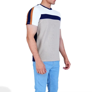 Men's <b>Light</b> Gray Color Block T Shirt Crew Neck Short Sleeve Casual Summer Fashion Tee With Contrast Chest Stripe - Product Image 4