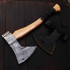 ขวานไวกิ้งเหล็กดามัสกัสคุณภาพสูง ผลิตด้วยมือ ขายตรงจากโรงงาน สำหรับการตั้งแคมป์กลางแจ้งและการเอาชีวิตรอด พร้อมปลอกหนัง - Product Image 3