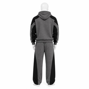 Ensemble de survêtement unisexe gris et noir à blocs de couleur avec sweat à capuche et pantalon long – Style décontracté streetwear - Product Image 2