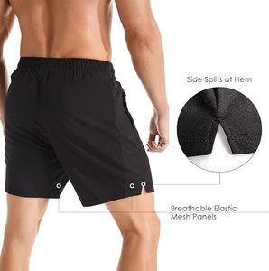 Shorts de sport pour homme, noirs, à séchage rapide, avec poches latérales, taille élastique, décontractés - Product Image 6