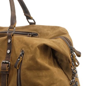 Sac de voyage en toile de luxe avec poignées en cuir véritable, doublure en polyester, fermeture éclair, sac de week-end durable, couleur marron - Product Image 4