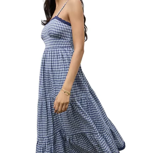 Vestido maxi a cuadros azul marino de mezcla de algodón con dobladillo acampanado, estilo dulce para exteriores, corte moderno, ecológico - Product Image 1
