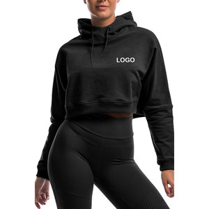 Sweat-shirt à capuche court noir pour femme avec logo imprimé, manches longues, tricoté, pour l'automne - Product Image 1