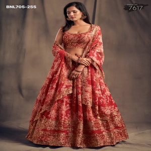 High Quality Organza with Floral Print-<b>Sequin</b>-Zari Embroidered Flared <b>Red</b> Lehenga-Choli Set Woman Fashion Manufacturer - Product Image 1