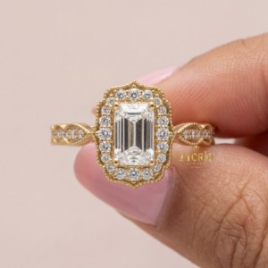 925 Sterling <b>Silver</b> <b>Emerald</b> Cut Lab Grown Diamond Vintage Halo Engagement <b>Ring</b> Milgrain Antique Bridal <b>Ring</b> Women - Product Image 1